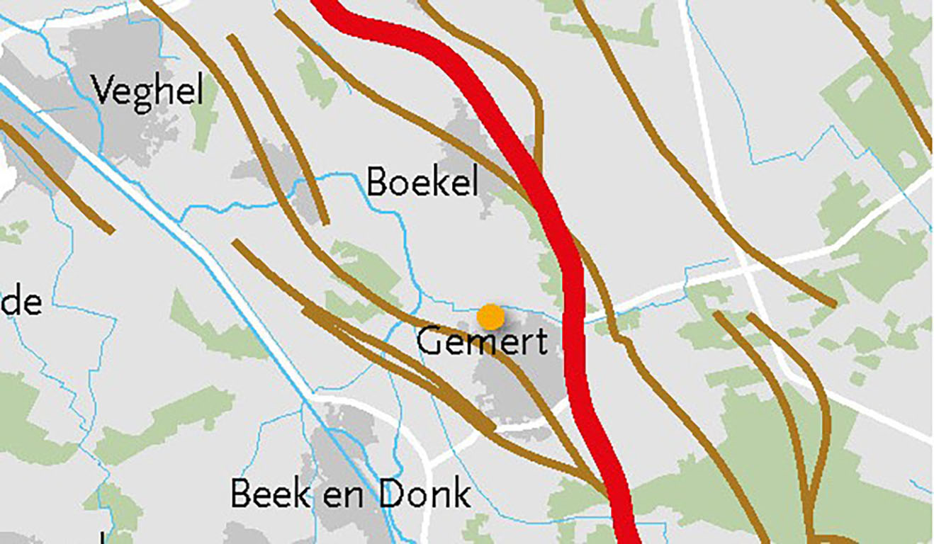 De tectonische breuklijnen in de gemeente Gemert-Bakel, met als oranje stip het visiegebied