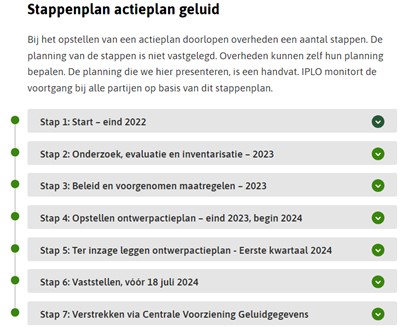 Afbeelding stappenplan actieplan geluid.  Overheden doorlopen een aantal stappen bij het opstellen van een actieplan. De planning van de stappen is niet vastgelegd. Overheden kunnen zelf hun planning bepalen. De planning die we hier presenteren, is een handvat. IPLO monitort de voortgang bij alle partijen op basis van dit stappenplan.  Stap 1: Start – eind 2022  Stap 2: Onderzoek, evaluatie en inventarisatie – 2023  Stap 3: Beleid en voorgenomen maatregelen – 2023  Stap 4: Opstellen ontwerpactieplan – eind 2023, begin 2024  Stap 5: Ter inzage leggen ontwerpactieplan - Eerste kwartaal 2024  Stap 6: Vaststellen, vóór 18 juli 2024  Stap 7: Verstrekken via Centrale Voorziening Geluidgegevens