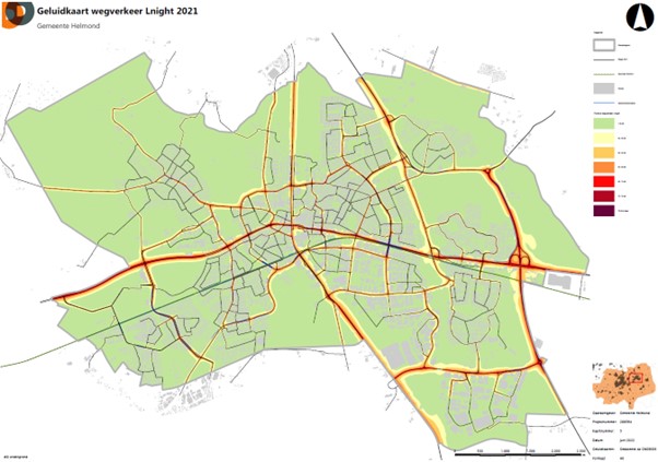 Kaart van de gemeente Helmond, waarin de berekende geluidsbelasting voor wegen in geluidsbelasting categorieën is weergegeven voor de nachtperiode Lnight. <55 55-60 60-65 65-70 70-75