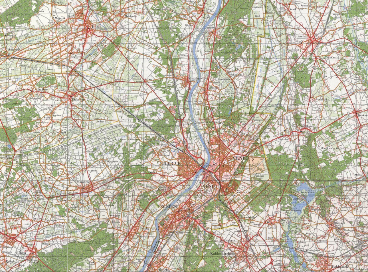 Figuur 3. Ruimtelijke ontwikkeling van de gemeente Venlo van 1910 tot 2020. De zes kaarten tonen in opeenvolgende stappen hoe de gemeente Venlo zich in ruimtelijk opzicht heeft ontwikkeld en uitgebreid door de jaren heen. Dit is de kaart van 1970.