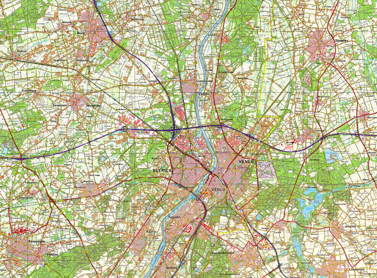 Figuur 3. Ruimtelijke ontwikkeling van de gemeente Venlo van 1910 tot 2020. De zes kaarten tonen in opeenvolgende stappen hoe de gemeente Venlo zich in ruimtelijk opzicht heeft ontwikkeld en uitgebreid door de jaren heen. Dit is de kaart van 2010.