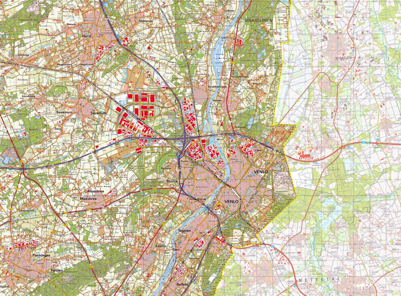 Figuur 3. Ruimtelijke ontwikkeling van de gemeente Venlo van 1910 tot 2020. De zes kaarten tonen in opeenvolgende stappen hoe de gemeente Venlo zich in ruimtelijk opzicht heeft ontwikkeld en uitgebreid door de jaren heen. Dit is de kaart van 2020.