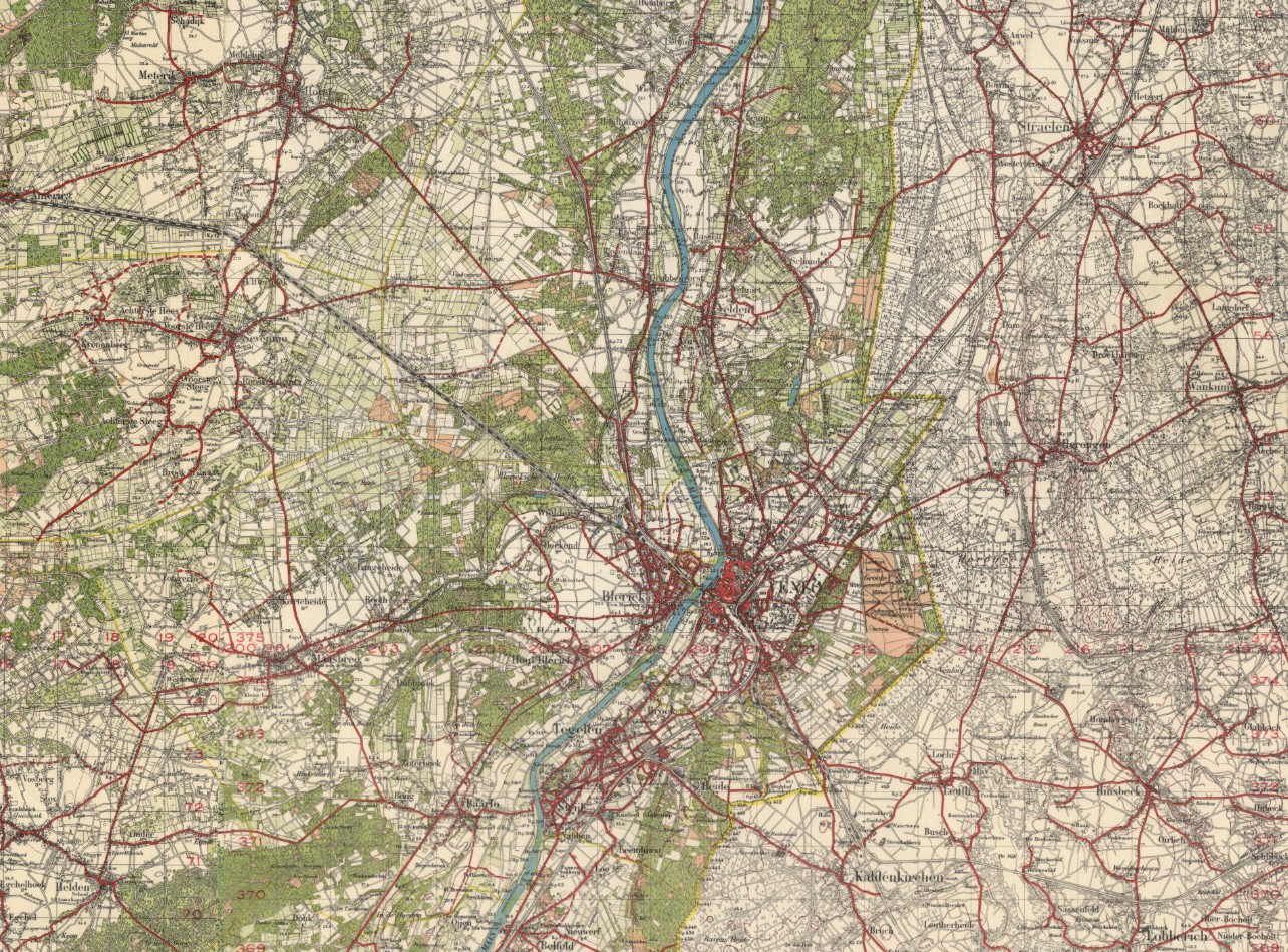 Figuur 3. Ruimtelijke ontwikkeling van de gemeente Venlo van 1910 tot 2020. De zes kaarten tonen in opeenvolgende stappen hoe de gemeente Venlo zich in ruimtelijk opzicht heeft ontwikkeld en uitgebreid door de jaren heen. Dit is de kaart van 1940.  