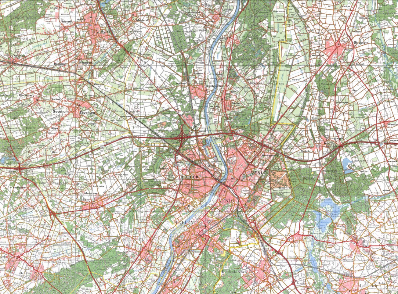 Figuur 3. Ruimtelijke ontwikkeling van de gemeente Venlo van 1910 tot 2020. De zes kaarten tonen in opeenvolgende stappen hoe de gemeente Venlo zich in ruimtelijk opzicht heeft ontwikkeld en uitgebreid door de jaren heen. Dit is de kaart van 1990.  