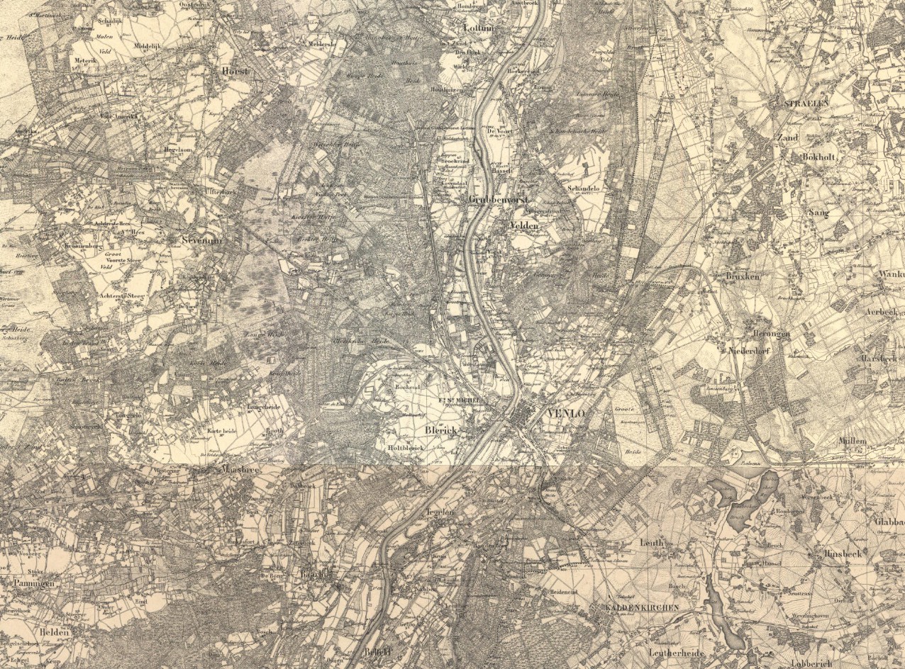 Figuur 3. Ruimtelijke ontwikkeling van de gemeente Venlo van 1910 tot 2020. De zes kaarten tonen in opeenvolgende stappen hoe de gemeente Venlo zich in ruimtelijk opzicht heeft ontwikkeld en uitgebreid door de jaren heen. Dit is de kaart van 1910.  