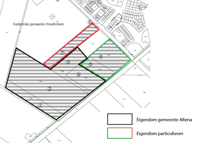 Kaart van het plangebied Woudrichem-Zuid met drie gekleurde vlakken. Het grootste zuidelijke vlak is eigendom van de gemeente Altena. Twee kleinere vlakken in het noorden van het plangebied zijn particulier eigendom.