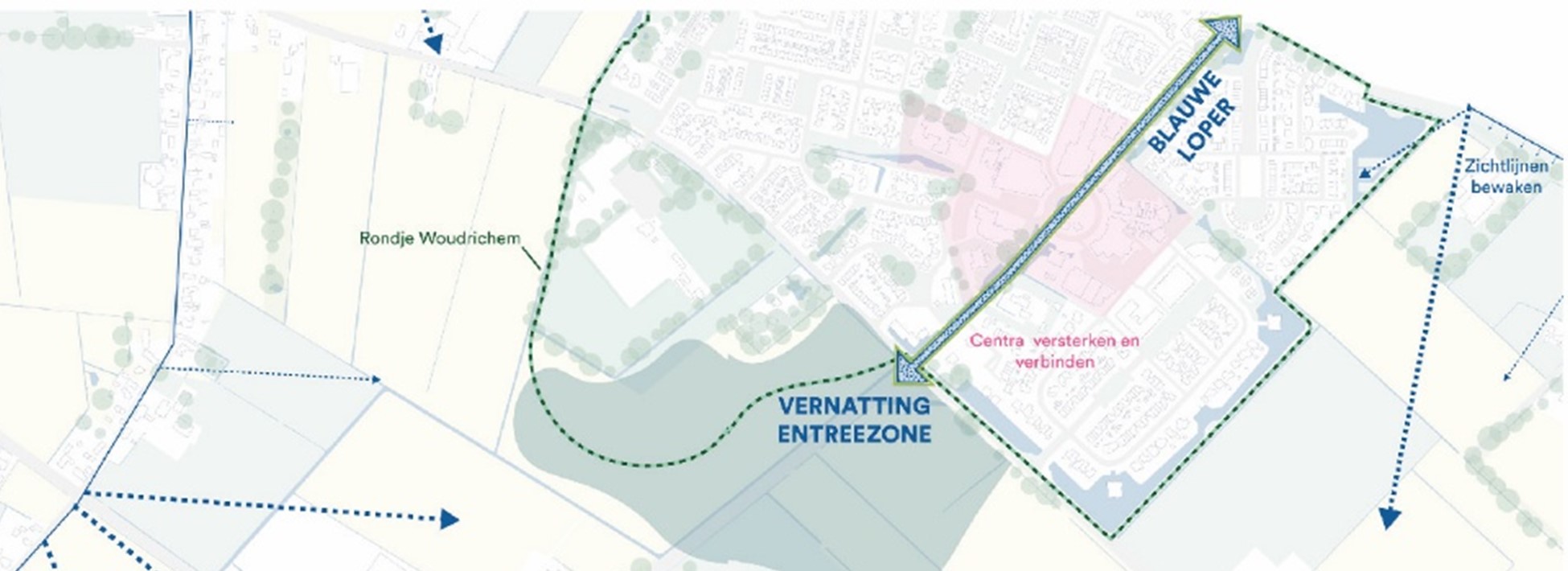 Deze kaart visualiseert de kansen voor een ontwikkelrichting waarin de beleef­baarheid van het strategisch landschap centraal staat en wordt gecombineerd met de stedenbouwkundige en landschappelijke potenties, zoals een rondje Woudrichem dat door Woudrichem-Zuid loopt, en een entreezone vernatting met een blauwe loper tot aan het rijkswater.