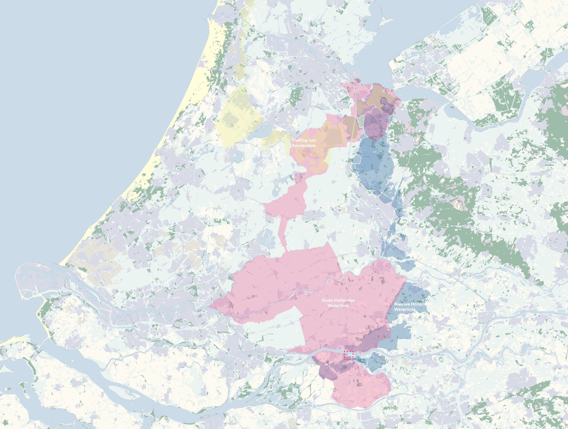 Kaart van een gedeelte van west Nederland met daarop drie zones. In geel als een cirkel rondom de gemeente Amsterdam is de stelling Amsterdam zichtbaar. In blauw loopt de Nieuwe Hollandse Waterlinie, vanaf het IJmeer in het noorden in een rechte lijn naar het zuiden tot Woudrichem en door de gemeente Altena grofweg tot de Biesbosch. In rood de Oude Hollandse waterlinie die zich uitstrekt van het IJsselmeer (ter hoogte van Muiden) tot aan de Biesbosch.