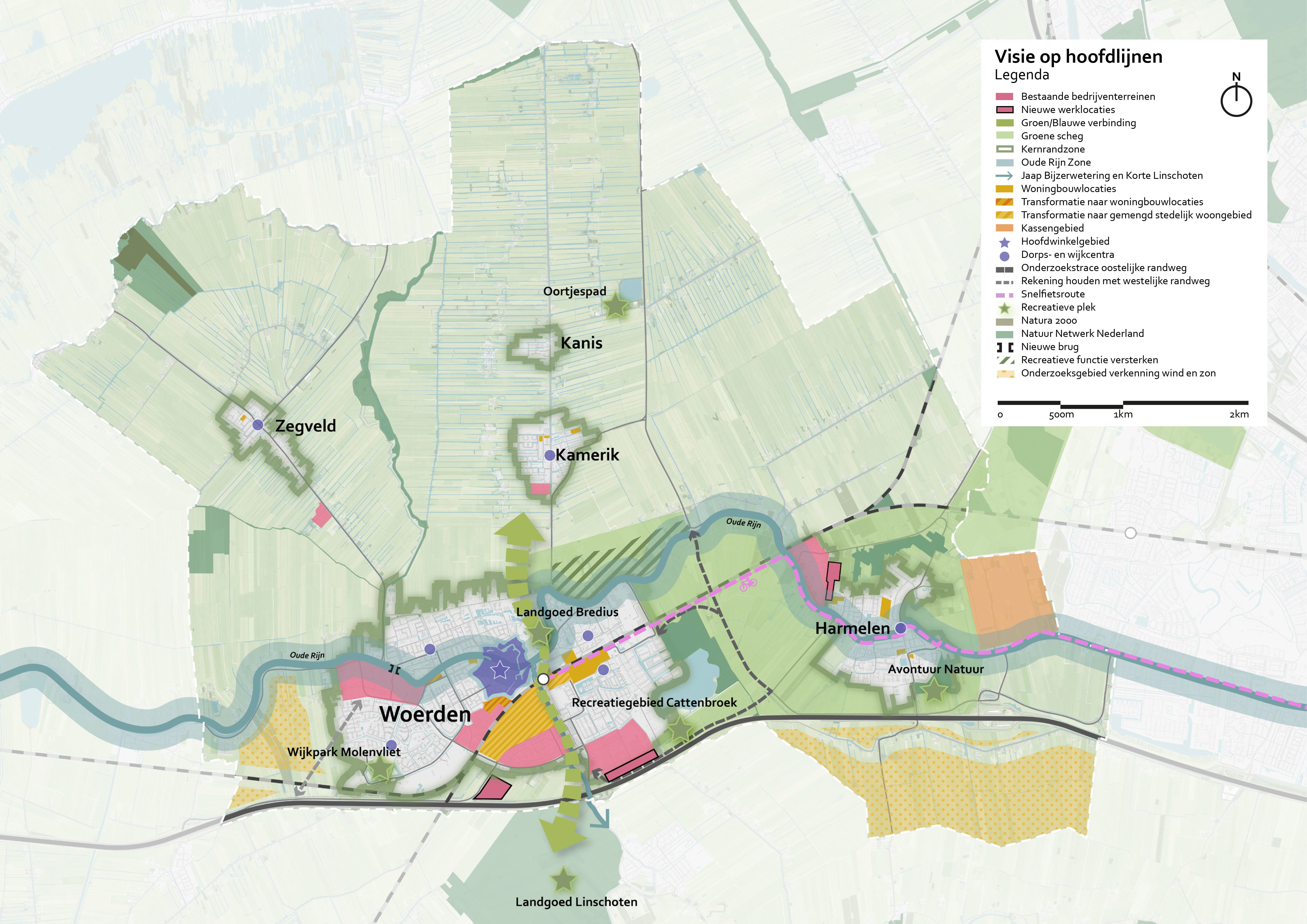 Een kaart waarop de visie op hoofdlijnen is weergegeven.