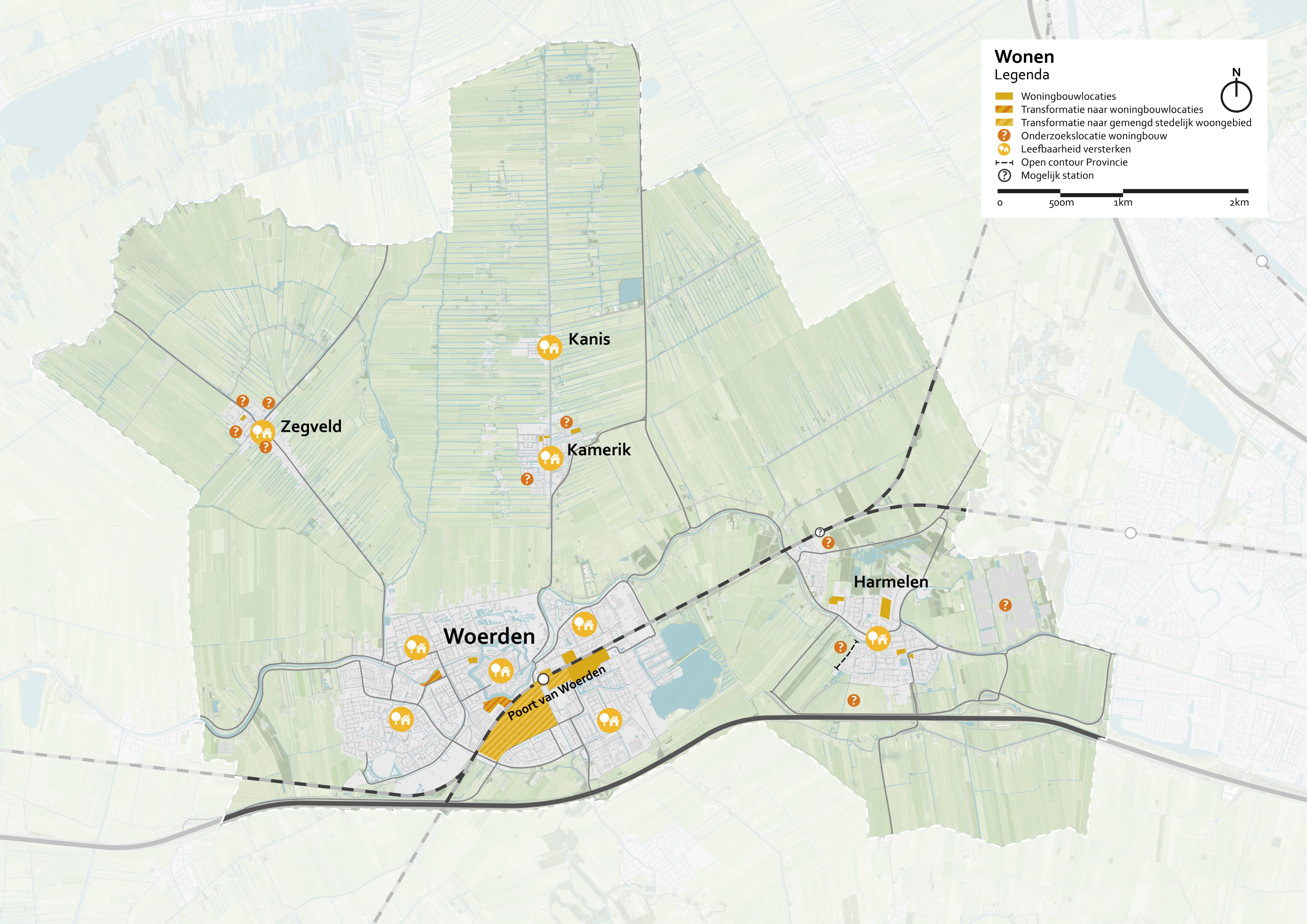 Een kaart die de zoekgebieden voor woningbouw in de gemeente Woerden laat zien.