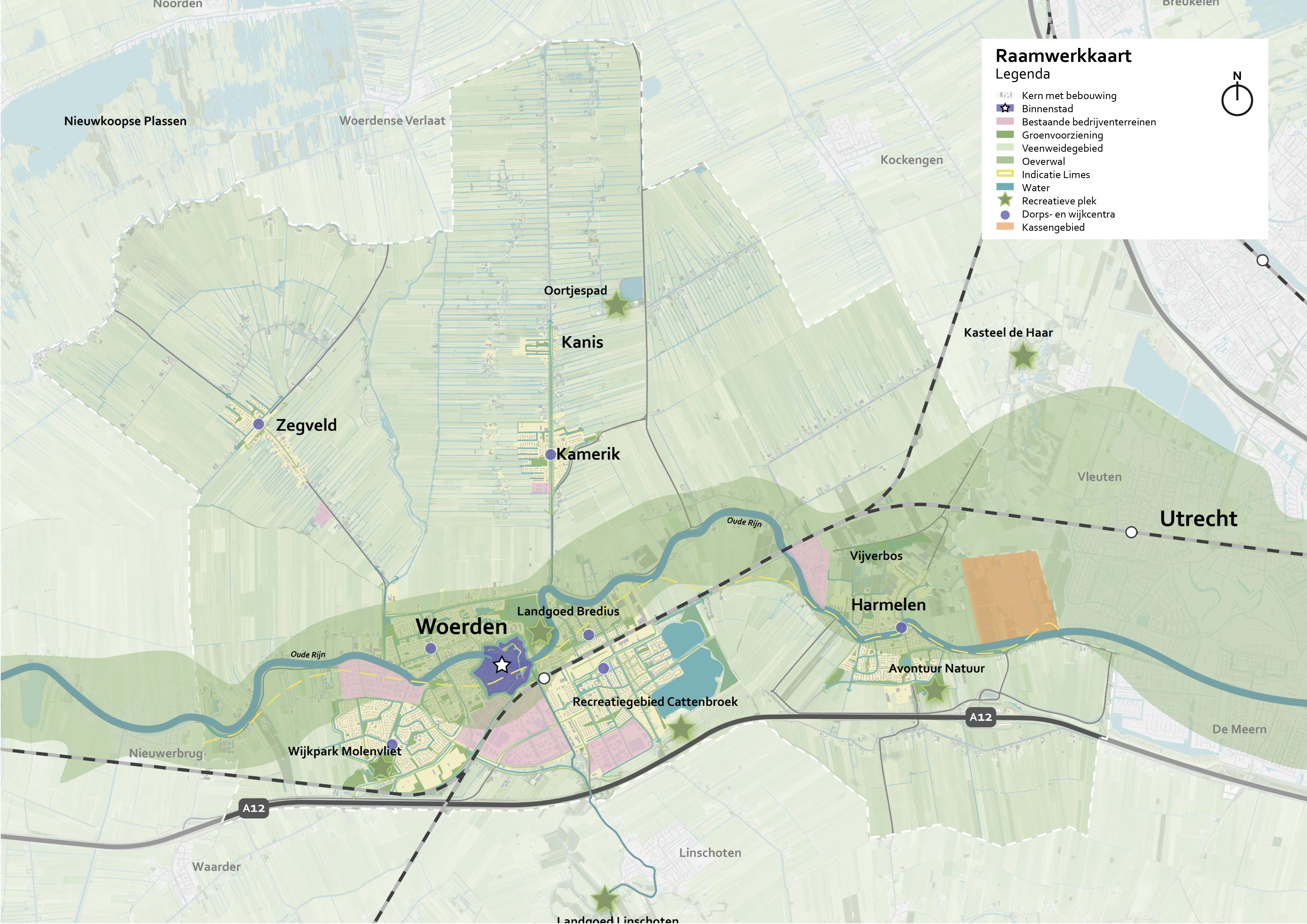 Een kaart van de gemeente Woerden met de verschillende gebiedstypes.