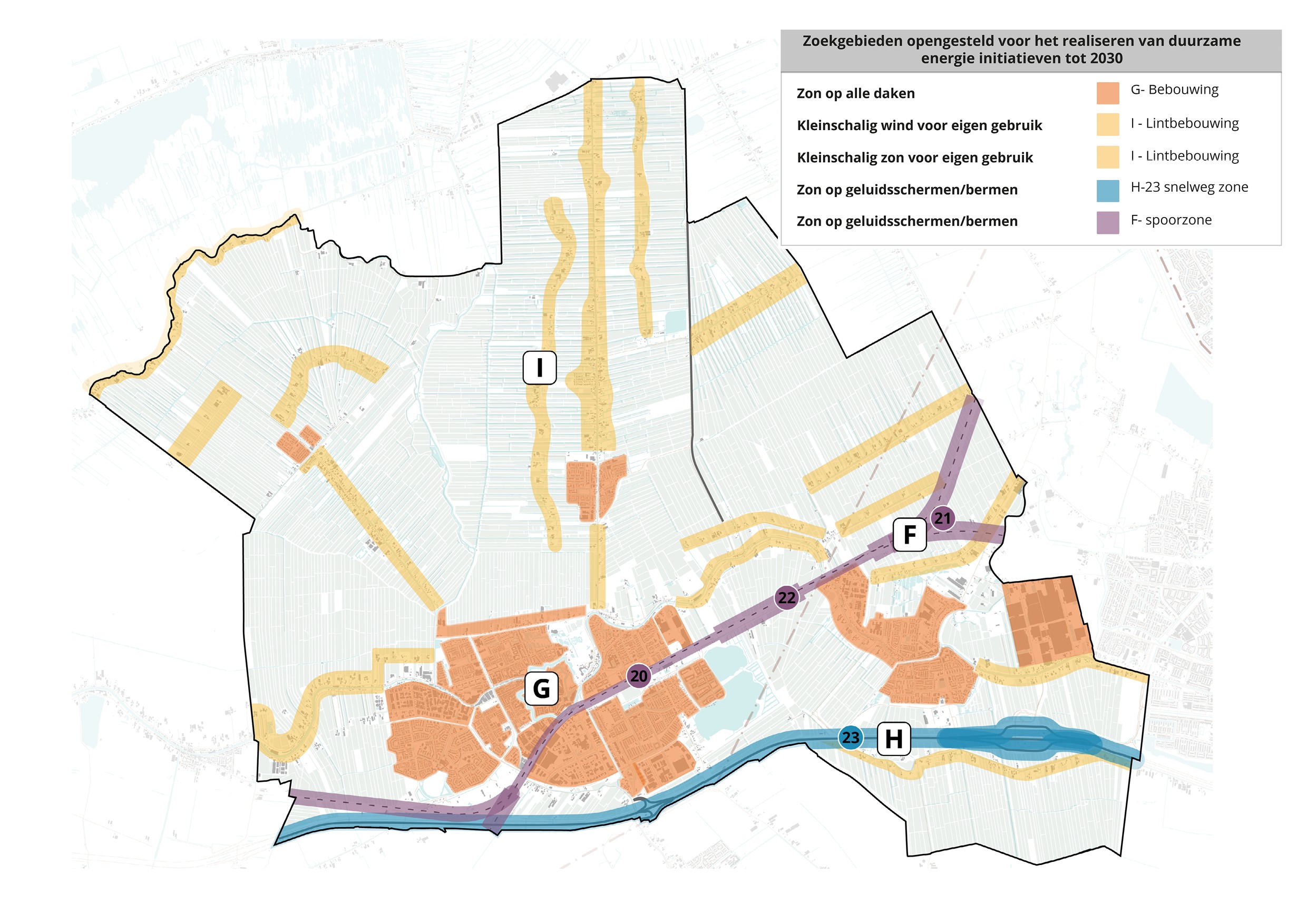 Kaart die de zoekgebieden voor duurzame energie initiatieven in de gemeente Woerden laat zien.