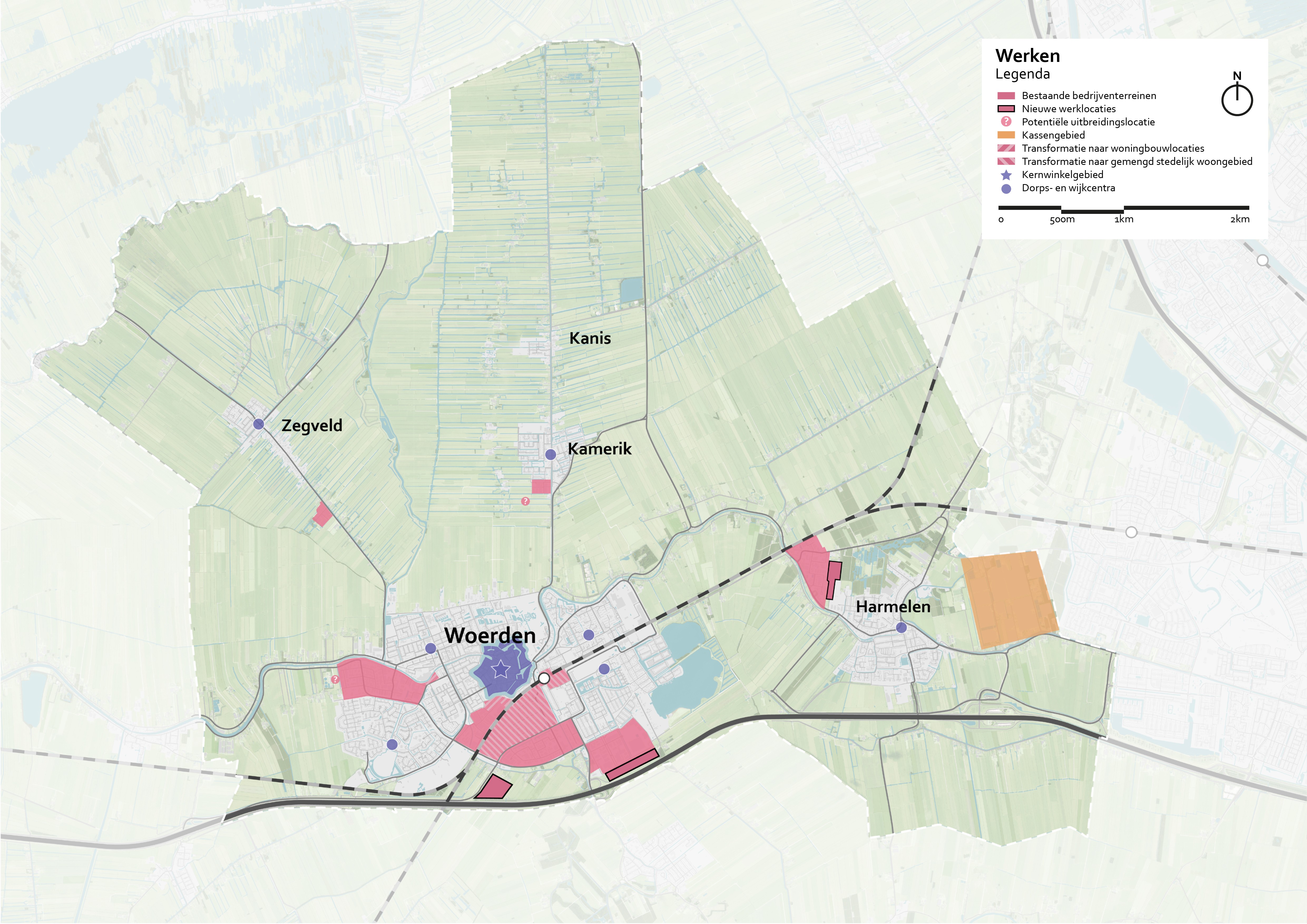 Kaart die bestaande en potentieel nieuwe werklocaties in de gemeente Woerden laat zien.