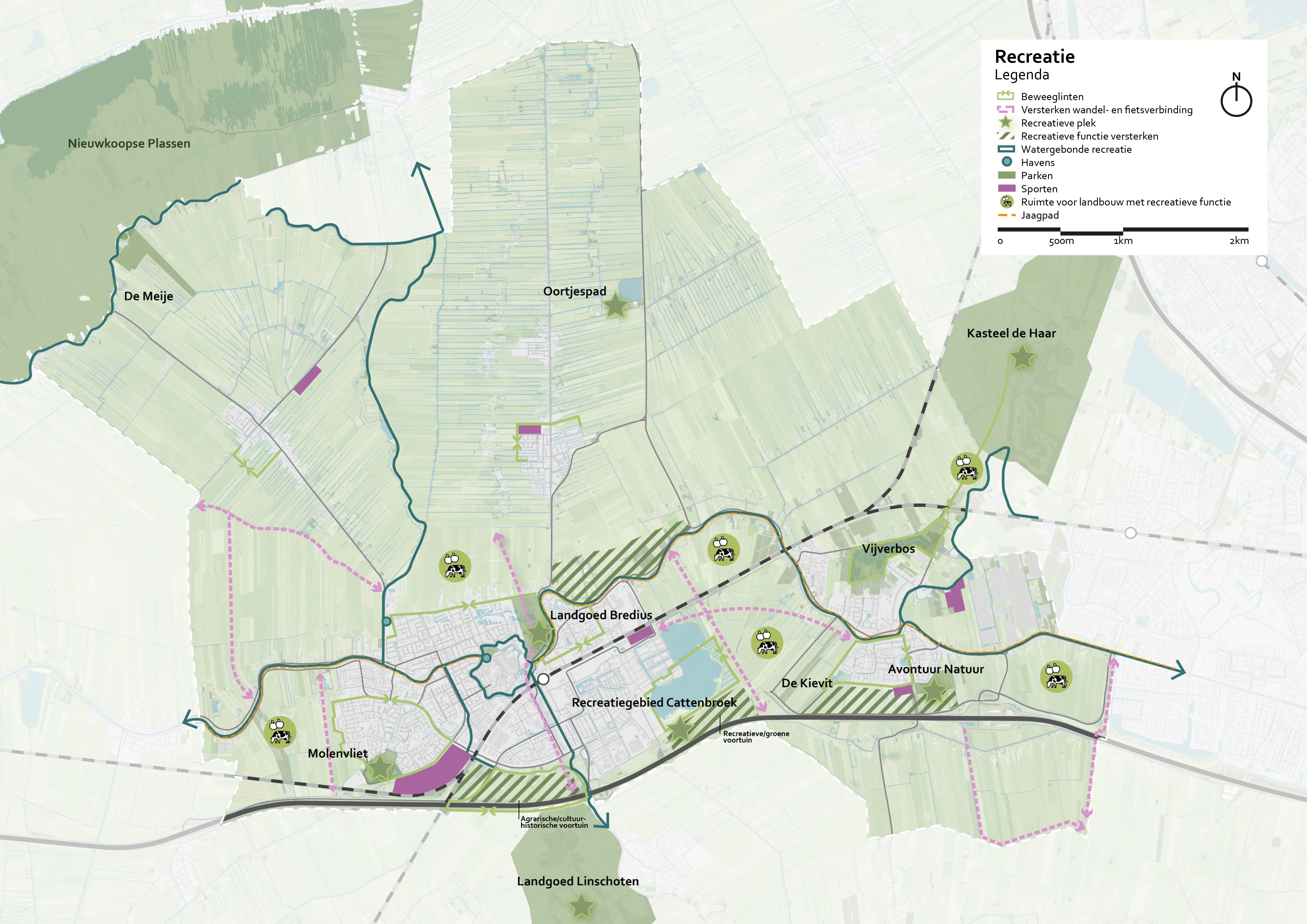 Een kaart die de recreatiegebieden in de gemeente Woerden laat zien.