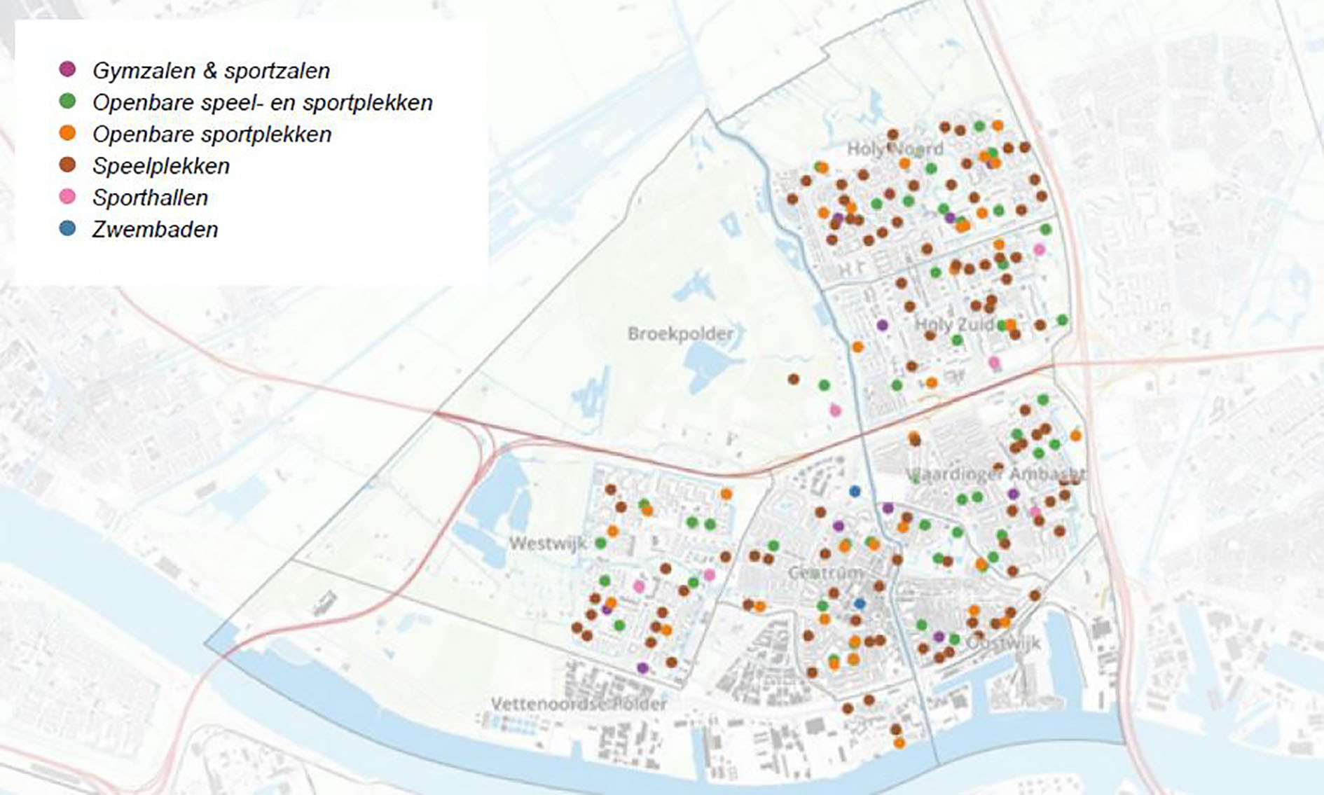 Figuur 4.6: Overzicht van alle sportvoorzieningen binnen Vlaardingen, exclusief sportvelden