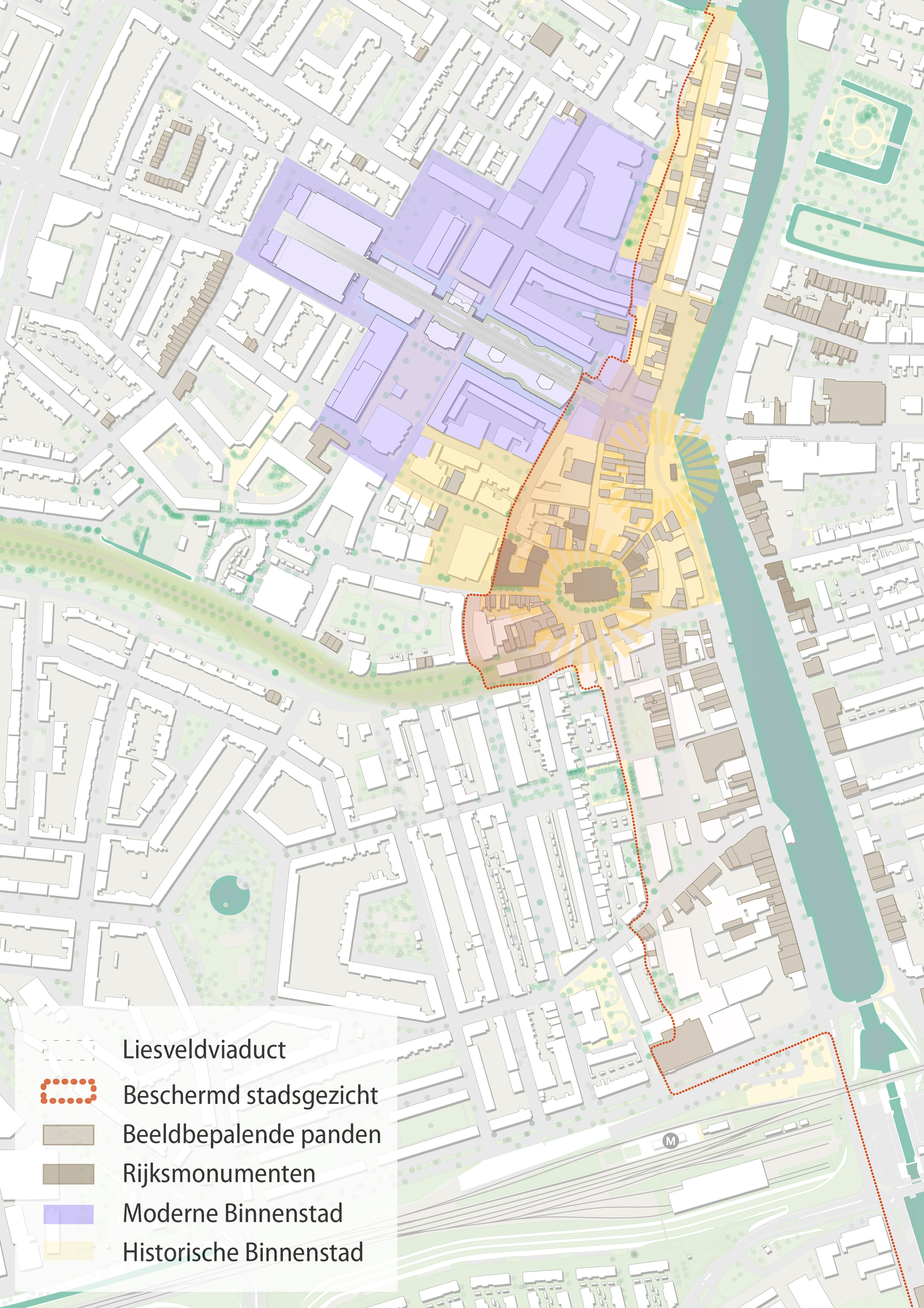 De figuur laat zien dat het westelijke deel van de binnenstad, ruwweg vanaf de Hoogstraat, wordt aangeduid als 'moderne binnenstad' en het oostelijke deel van de binnenstad als 'historische binnenstad'