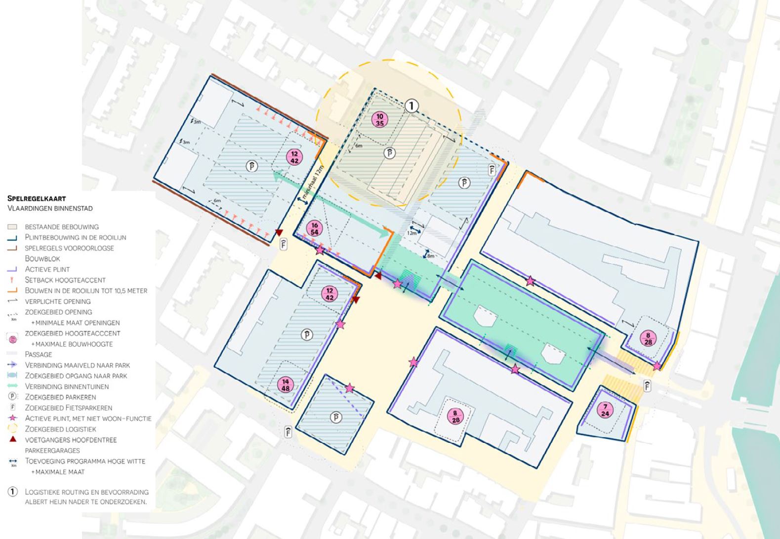 De figuur bevat een kaart waarin staat aan welke stedenbouwkundige regels gelden voor een nieuwbouwontwikkeling. Er staat onder andere dat er levendige plinten moeten komen in de looproutes en dat er op een aantal locaties hoogteaccenten mogelijk zijn, zoals aan weerzijden van de locatie Veerplein West, de noordoostzijde van de parkeergarage Joubertstraat, boven de huidige Albert Heijn en op het Schoutplein
