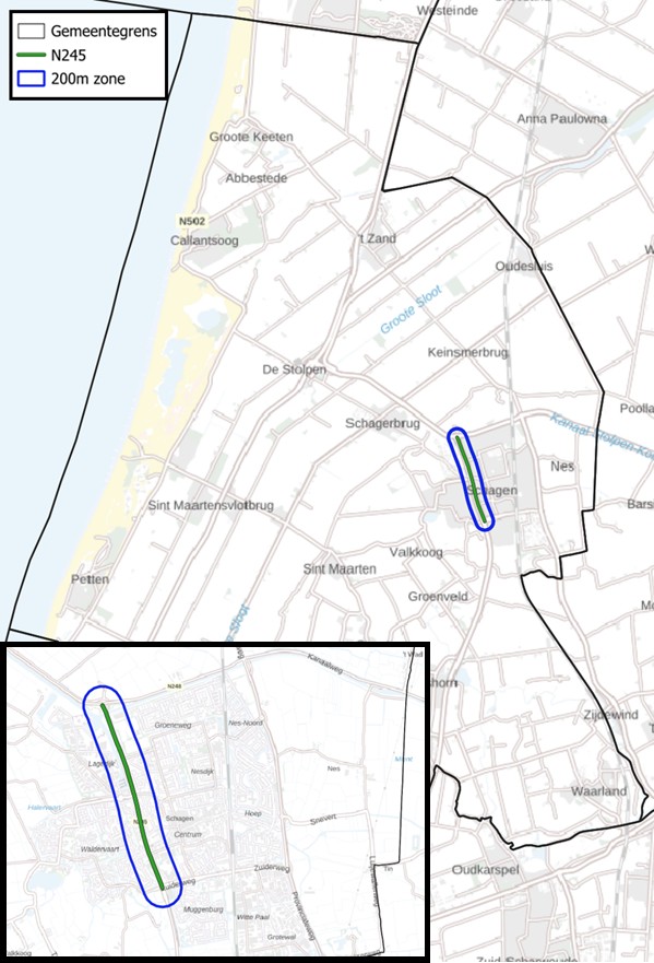 Afbeelding met een kaart van gemeente Schagen inclusief uitsnede van de N245 en bijbehorende 200m zone.