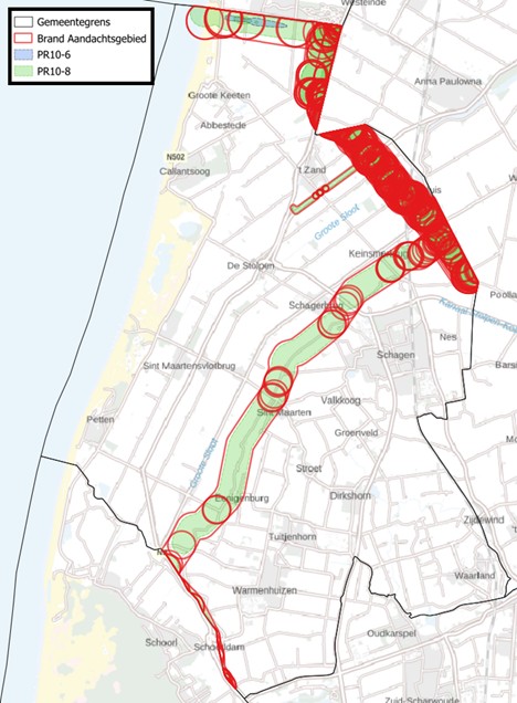 Afbeelding van een kaart voor buisleidingen in gemeente Schagen met specifieke aandachtsgebieden.