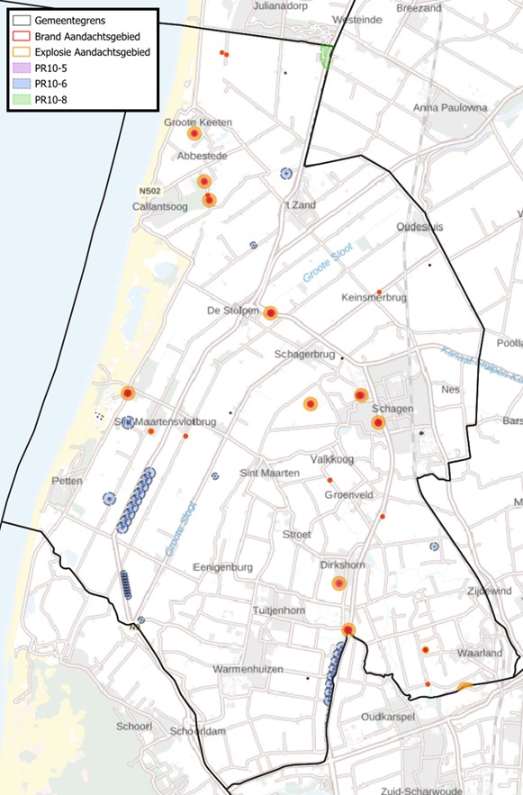 Afbeelding van een kaart met daarop een moment opname van risicovolle activiteiten met hun contouren in gemeente Schagen. Slechts ter illustratie.