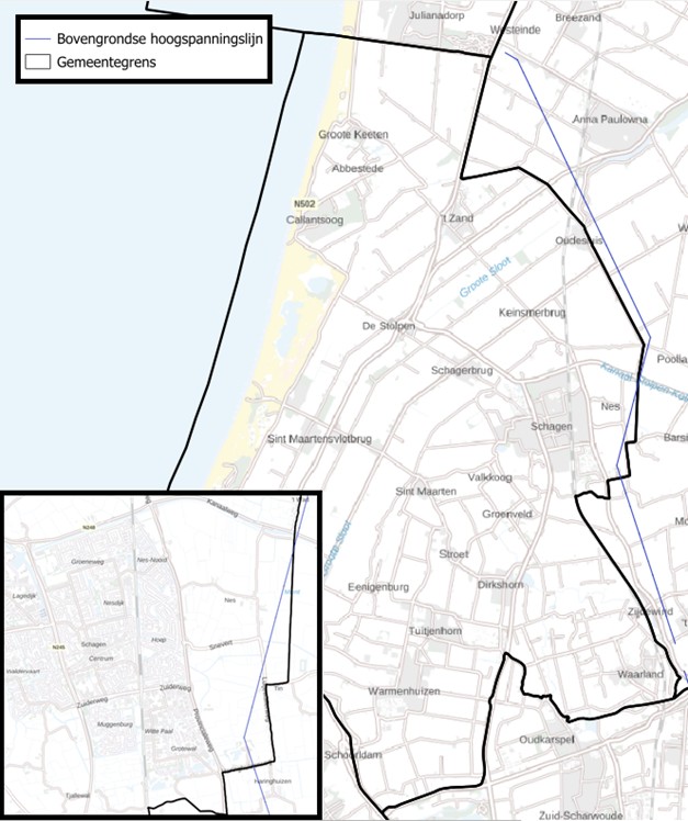 Afbeelding met kaart van gemeente Schagen inclusief uitsnede met daarop de hoogspanningslijn.