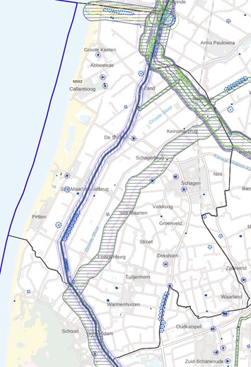 Kaart als indicatie voor milieubelastende activiteiten met externe veiligheidsrisico's in gemeente Schagen. Voor actuele informatie moet de Atlas Leefomgeving geraadpleegd worden.