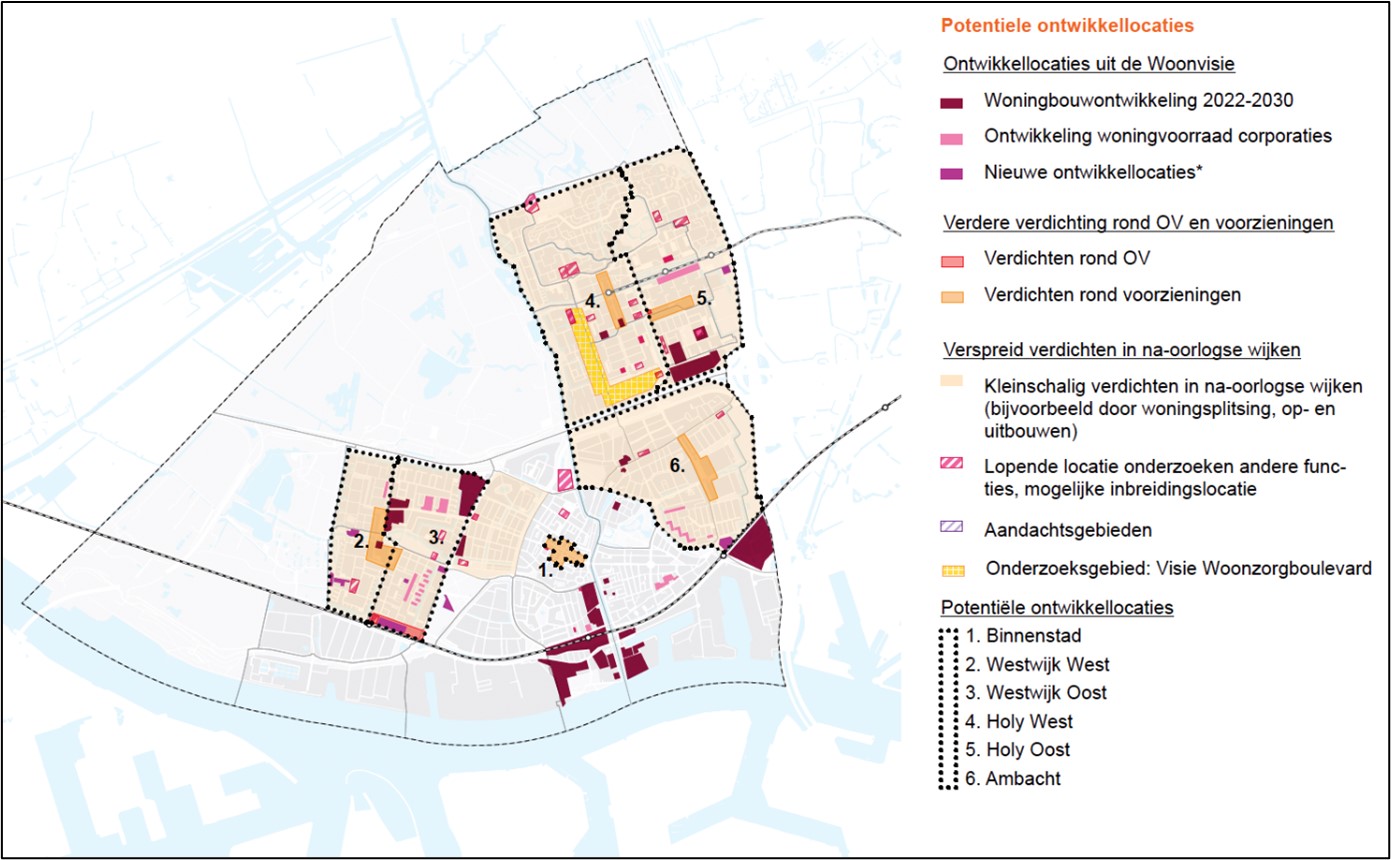 In de kaart is opgenomen welke ontwikkellocaties er in Vlaardingen zijn. Deze zijn vooral aan de noord- en westzijde van de stad
