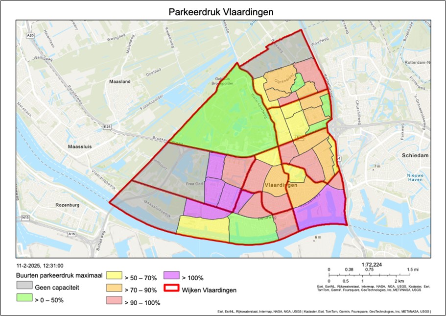 Visuele weergave van de parkeerdruk in Vlaardingen (bron: parkeeronderzoek 2024)