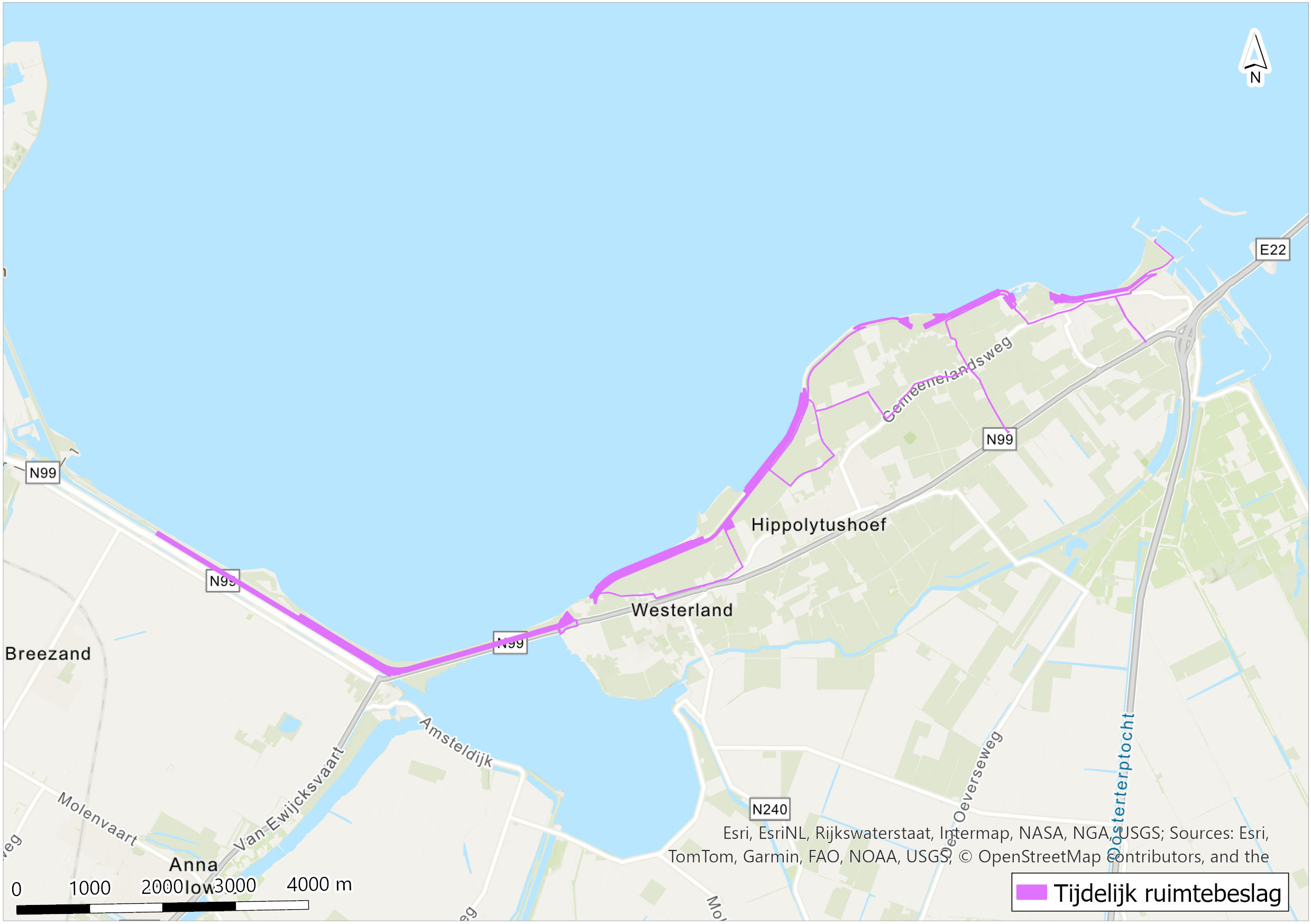 Deze afbeelding geeft het tijdelijk ruimtebeslag weer van de dijkversterking Den Oever - Den Helder.