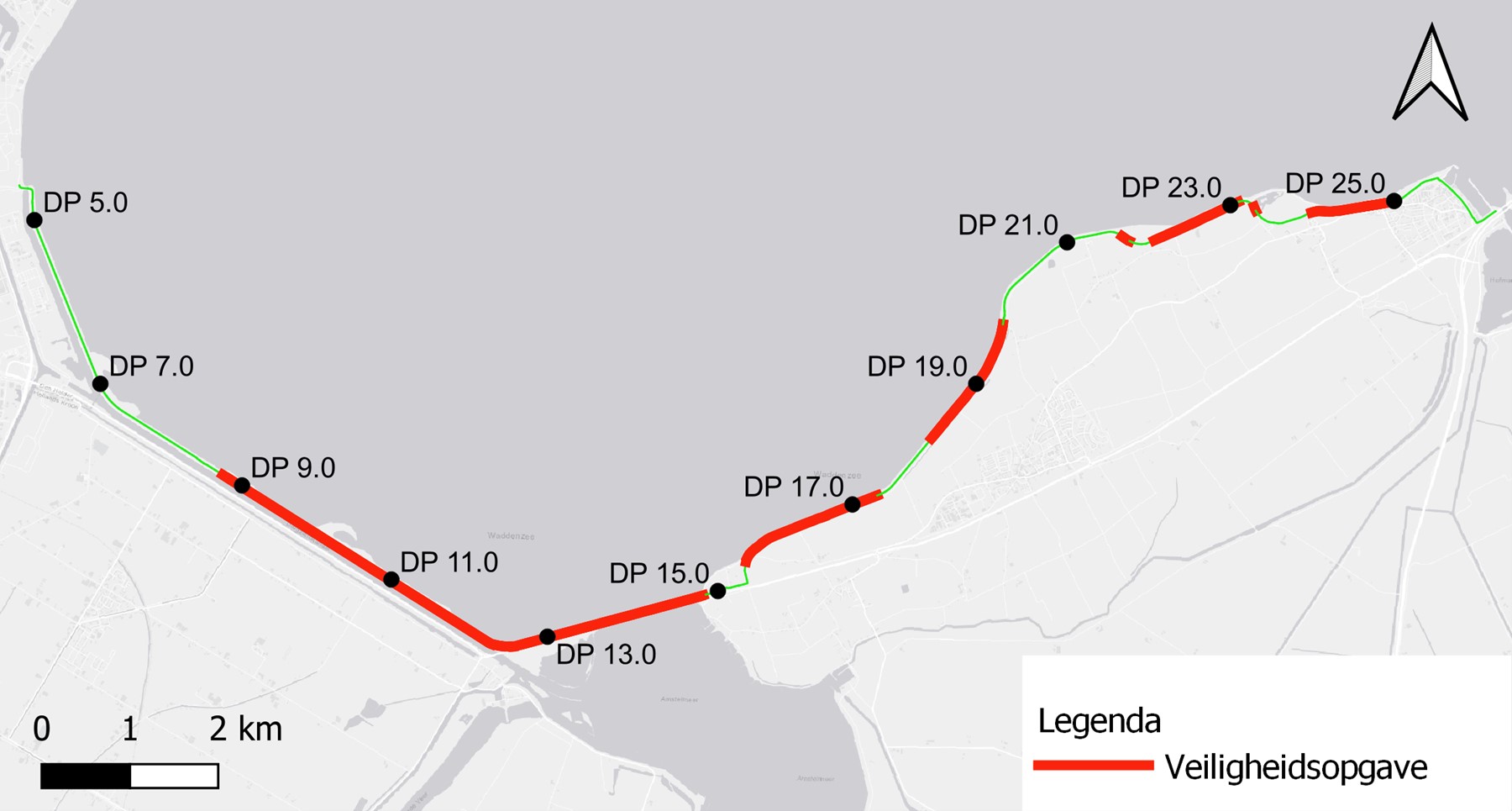 Dit is een overzichtskaart voor de veiligheidsopgave (rood) van de dijkversterking Den Oever - Den Helder. Tevens zijn de dijkpalen (afgekort DP) hierop weergegeven.