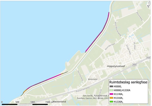 Op deze afbeelding staat het ruimtebeslag in de aanlegfase op habitattypen in sectie 3 weergegeven.