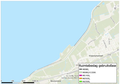 Op deze afbeelding staat het ruimtebeslag op habitattypen in de gebruiksfase binnen sectie 3 weergegeven.