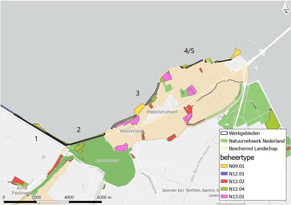 Op deze afbeelding is de ligging van NNN en Beschermd Landschap weergegeven ten opzichte van de werkgebieden.