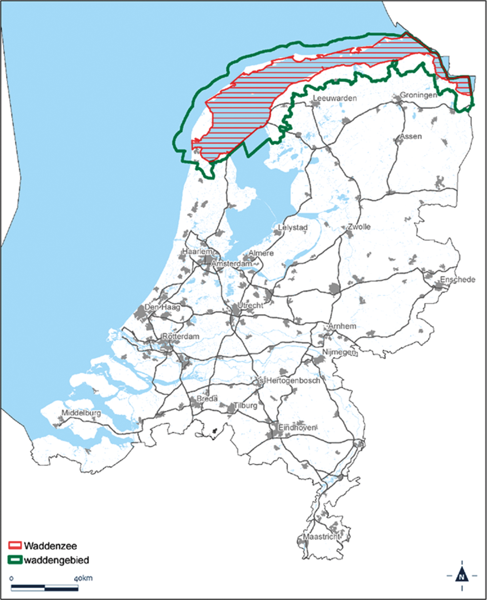 Deze afbeelding geeft de begrenzing van het PKB-Waddenzee en waddengebied weer vanuit het Besluit kwaliteit leefomgeving.