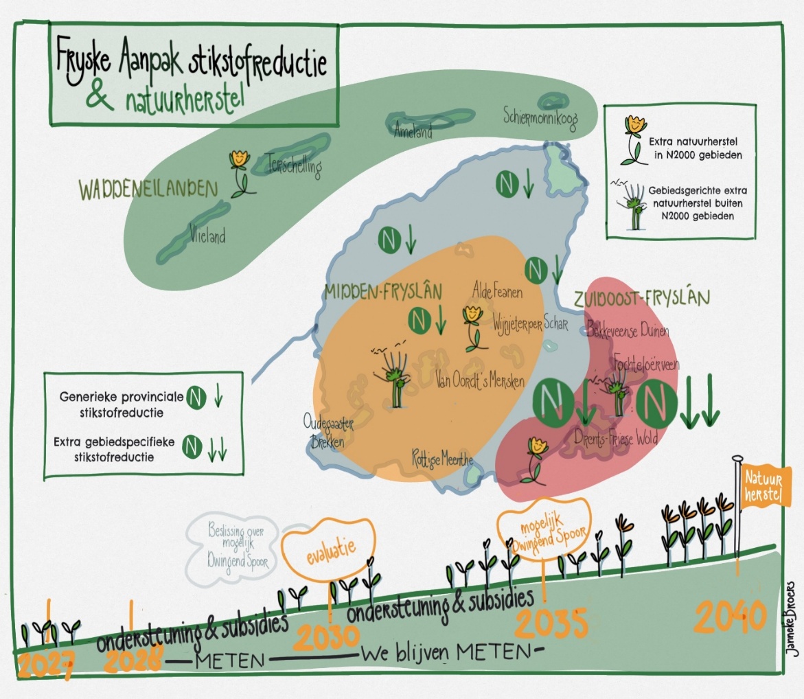 Visuele weergave van de FASN met daarin de vier sporen: Generieke provinciale stikstofreductie, in Zuidoost-Fryslân extra gebiedsspecifieke reductie, extra natuurherstel in alle Natura 2000-gebieden en gebiedsgericht extra natuurherstel buiten N2000-gebieden. De tijdlijn laat het traject zien van ondersteuning, meten, evaluatie (2030) en een mogelijk dwingend spoor (2035) naar het beoogde natuurherstel