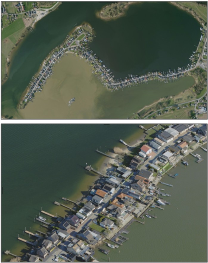 Satellietfoto's van het bovenaanzicht van de huidige situatie aan de zuidelijke landtong