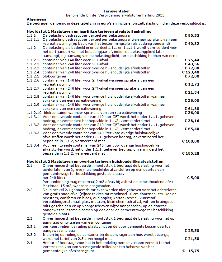 tabel bij Verordening op de heffing en de invordering van afvalstoffenheffing en reinigingsrechten 2013